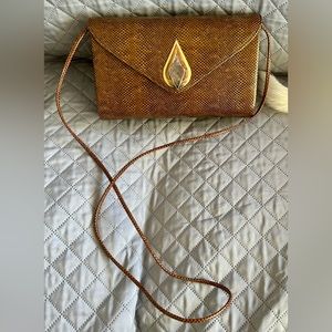 Ande brown snakeskin clutch with strap, metal enclosure, vintage